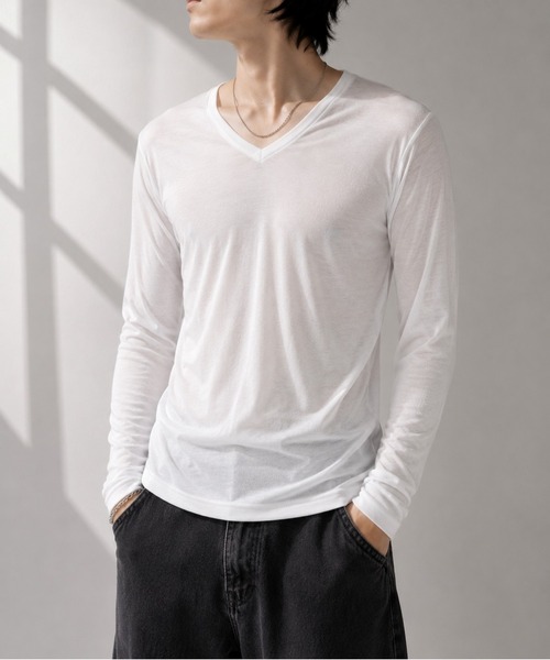Bling Leads（ブリングリーズ）の「【Bls】 【ZM】【Bling Leads】シンプルデザイン VネックロンTEE  インナー（Tシャツ/カットソー・メンズ・ホワイト・MEDIUM/LARGE）」の3枚目の写真