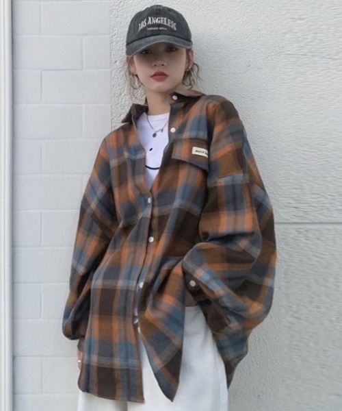 yuue' ( wear )(ユーイ)の「オーバーサイズオンブレチェック長袖シャツ(シャツ/ブラウス・レディース・グリーン系その他/オレンジ系その他・FREE)」の13枚目の写真