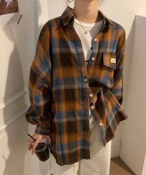 yuue' ( wear )(ユーイ)の「オーバーサイズオンブレチェック長袖シャツ(シャツ/ブラウス・レディース・グリーン系その他/オレンジ系その他・FREE)」の10枚目の写真