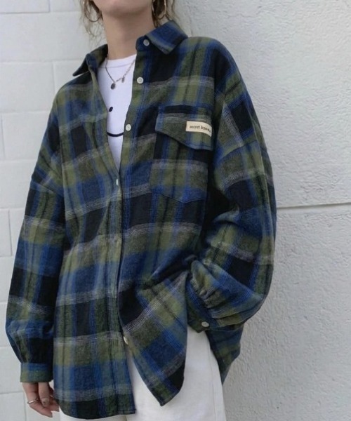 yuue' ( wear )(ユーイ)の「オーバーサイズオンブレチェック長袖シャツ(シャツ/ブラウス・レディース・グリーン系その他/オレンジ系その他・FREE)」の7枚目の写真