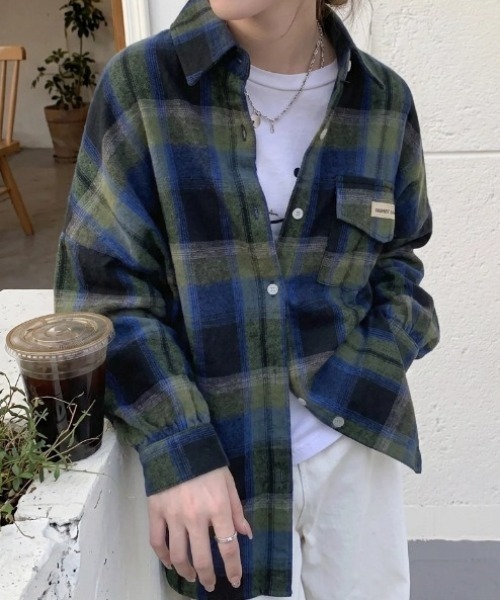 yuue' ( wear )(ユーイ)の「オーバーサイズオンブレチェック長袖シャツ(シャツ/ブラウス・レディース・グリーン系その他/オレンジ系その他・FREE)」の8枚目の写真