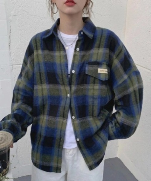 yuue' ( wear )(ユーイ)の「オーバーサイズオンブレチェック長袖シャツ(シャツ/ブラウス・レディース・グリーン系その他/オレンジ系その他・FREE)」の9枚目の写真