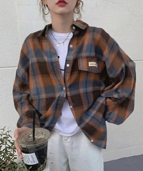 yuue' ( wear )(ユーイ)の「オーバーサイズオンブレチェック長袖シャツ(シャツ/ブラウス・レディース・グリーン系その他/オレンジ系その他・FREE)」の14枚目の写真
