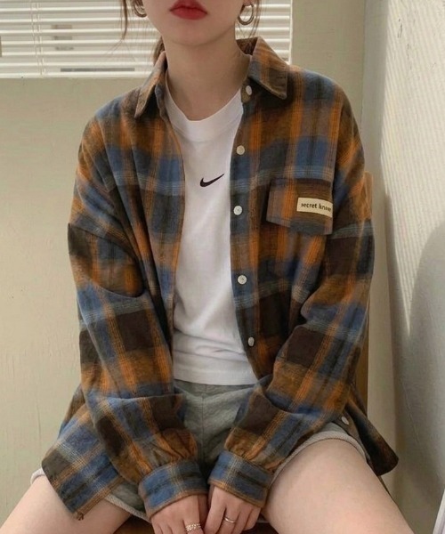 yuue' ( wear )(ユーイ)の「オーバーサイズオンブレチェック長袖シャツ(シャツ/ブラウス・レディース・グリーン系その他/オレンジ系その他・FREE)」の11枚目の写真