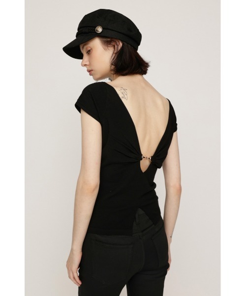 SLY(スライ)の「BACK OPEN CHARM TOPS バックオープンチャームトップス 秋服 夏服 サマーニット カップ付き(Tシャツ/カットソー・レディース・ブラウン/ブラック・FREE)」の1枚目の写真
