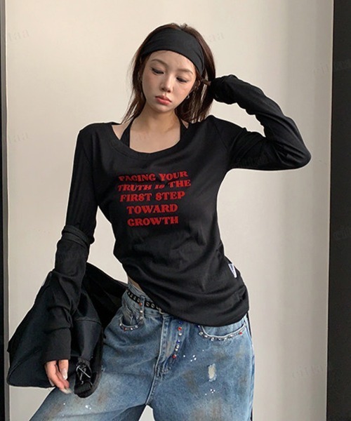 Dalfwin(ダールフィン)の「FACING赤ロゴ長袖クルーネックTシャツ(Tシャツ/カットソー・レディース・ホワイト/ブラック/ダークグレー/グレー系その他・FREE)」の2枚目の写真