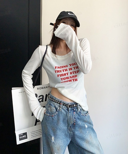 Dalfwin(ダールフィン)の「FACING赤ロゴ長袖クルーネックTシャツ(Tシャツ/カットソー・レディース・ホワイト/ブラック/ダークグレー/グレー系その他・FREE)」の22枚目の写真