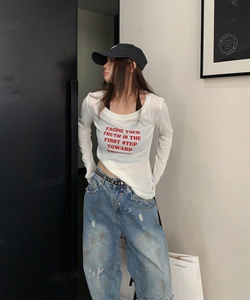 Dalfwin(ダールフィン)の「FACING赤ロゴ長袖クルーネックTシャツ(Tシャツ/カットソー・レディース・ホワイト/ブラック/ダークグレー/グレー系その他・FREE)」の21枚目の写真