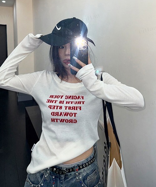 Dalfwin(ダールフィン)の「FACING赤ロゴ長袖クルーネックTシャツ(Tシャツ/カットソー・レディース・ホワイト/ブラック/ダークグレー/グレー系その他・FREE)」の20枚目の写真