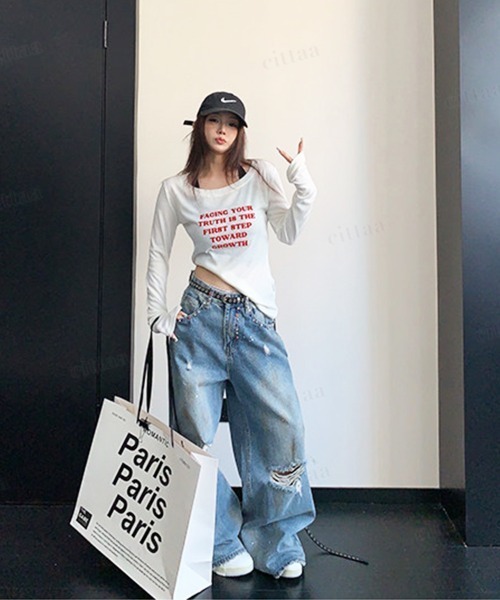 Dalfwin(ダールフィン)の「FACING赤ロゴ長袖クルーネックTシャツ(Tシャツ/カットソー・レディース・ホワイト/ブラック/ダークグレー/グレー系その他・FREE)」の17枚目の写真