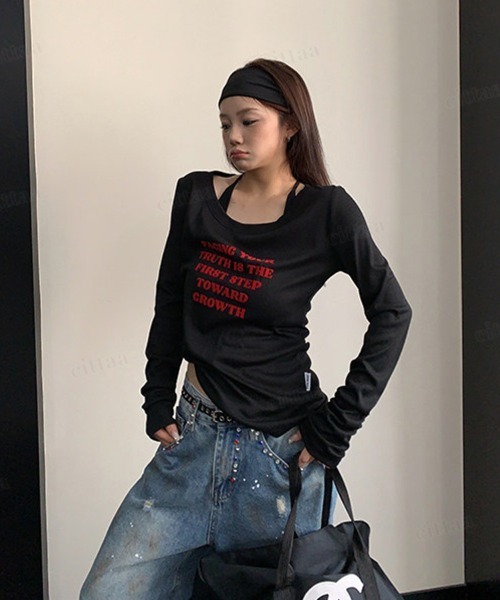 Dalfwin(ダールフィン)の「FACING赤ロゴ長袖クルーネックTシャツ(Tシャツ/カットソー・レディース・ホワイト/ブラック/ダークグレー/グレー系その他・FREE)」の14枚目の写真