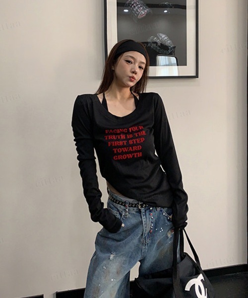 Dalfwin(ダールフィン)の「FACING赤ロゴ長袖クルーネックTシャツ(Tシャツ/カットソー・レディース・ホワイト/ブラック/ダークグレー/グレー系その他・FREE)」の12枚目の写真