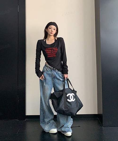 Dalfwin(ダールフィン)の「FACING赤ロゴ長袖クルーネックTシャツ(Tシャツ/カットソー・レディース・ホワイト/ブラック/ダークグレー/グレー系その他・FREE)」の10枚目の写真