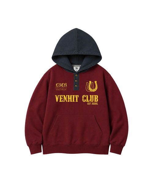 VENHIT(ベンヒット)の「WESTERN CLUB デニム配色フーディ(パーカー・レディース・バーガンディー/クリーム・MEDIUM/LARGE/X-LARGE)」の1枚目の写真