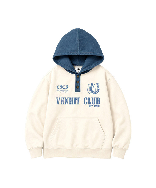 VENHIT(ベンヒット)の「WESTERN CLUB デニム配色フーディ(パーカー・レディース・バーガンディー/クリーム・MEDIUM/LARGE/X-LARGE)」の2枚目の写真