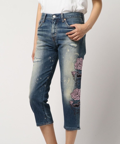 【セール】R3313 ローズ&スワン刺繍ペグトップ（デニムパンツ）｜RNA（アールエヌエー）