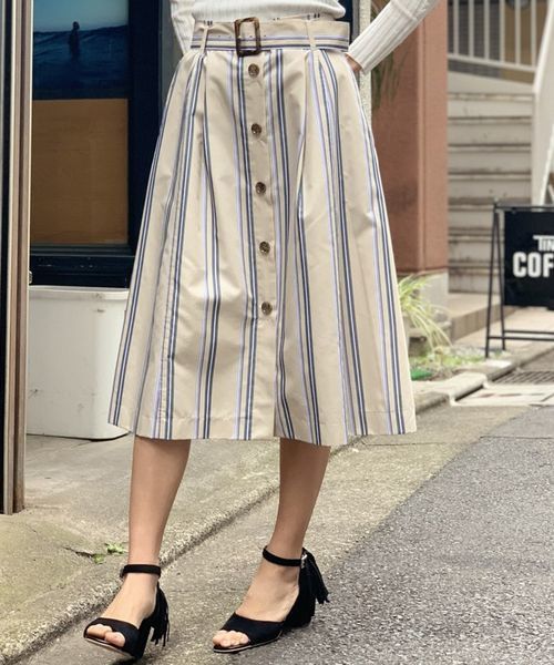 先着順 配布中 オードリー亜谷香着用 水ト麻美さん着用 マルチストライプフロント釦フレアスカート