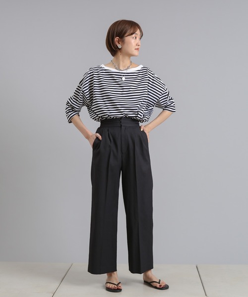 DouDou(ドゥドゥ)の「7分袖ボートネックボーダーT(Tシャツ/カットソー・レディース・ブラック/カーキ/ネイビー・FREE)」の6枚目の写真