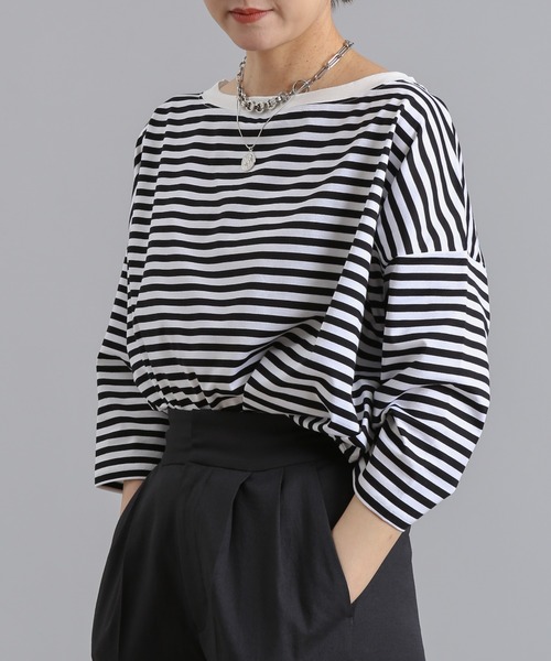 DouDou(ドゥドゥ)の「7分袖ボートネックボーダーT(Tシャツ/カットソー・レディース・ブラック/カーキ/ネイビー・FREE)」の14枚目の写真