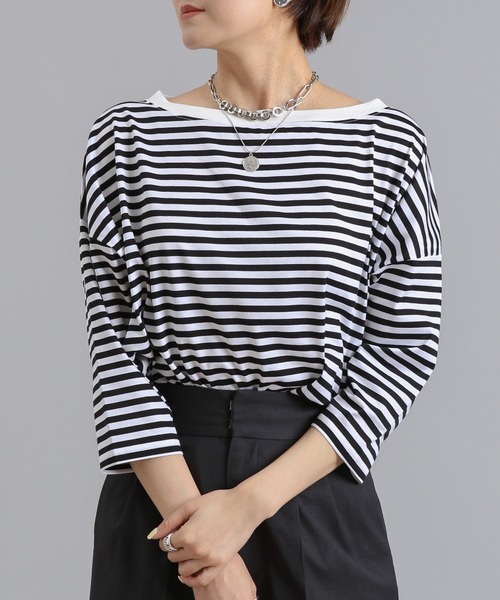 DouDou(ドゥドゥ)の「7分袖ボートネックボーダーT(Tシャツ/カットソー・レディース・ブラック/カーキ/ネイビー・FREE)」の16枚目の写真