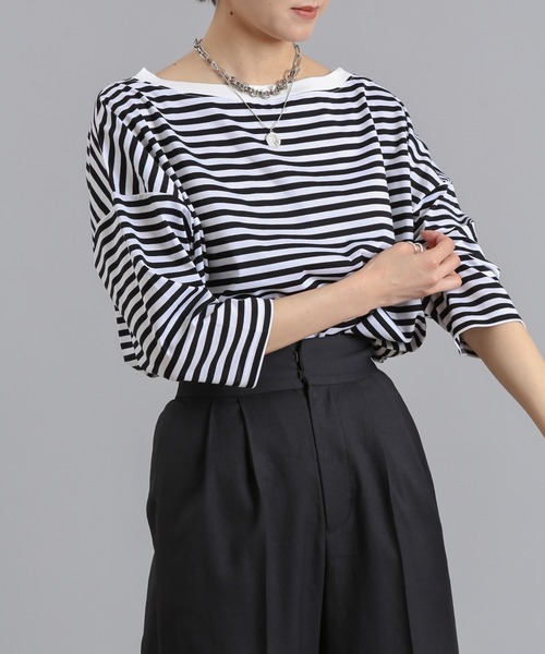 DouDou(ドゥドゥ)の「7分袖ボートネックボーダーT(Tシャツ/カットソー・レディース・ブラック/カーキ/ネイビー・FREE)」の17枚目の写真