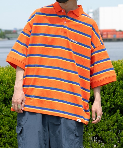 Perushu（ペルーシュ）の「レトロボーダーポロシャツ（ポロシャツ・メンズ・ライトブルー/オレンジ/ボルドー・MEDIUM/LARGE）」の3枚目の写真