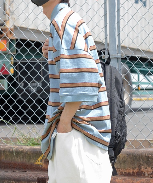 Perushu（ペルーシュ）の「レトロボーダーポロシャツ（ポロシャツ・メンズ・ライトブルー/オレンジ/ボルドー・MEDIUM/LARGE）」の11枚目の写真