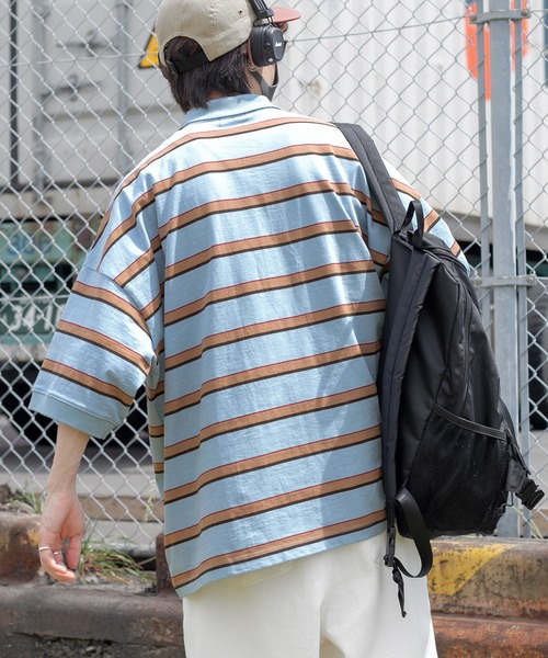 Perushu（ペルーシュ）の「レトロボーダーポロシャツ（ポロシャツ・メンズ・ライトブルー/オレンジ/ボルドー・MEDIUM/LARGE）」の12枚目の写真