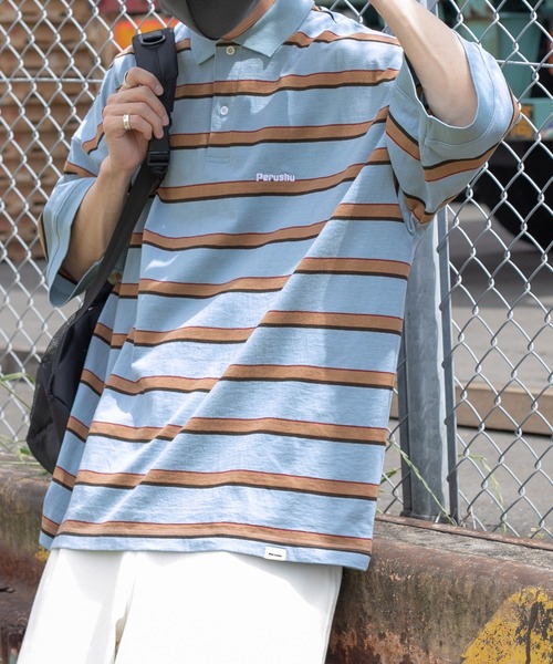 Perushu（ペルーシュ）の「レトロボーダーポロシャツ（ポロシャツ・メンズ・ライトブルー/オレンジ/ボルドー・MEDIUM/LARGE）」の10枚目の写真