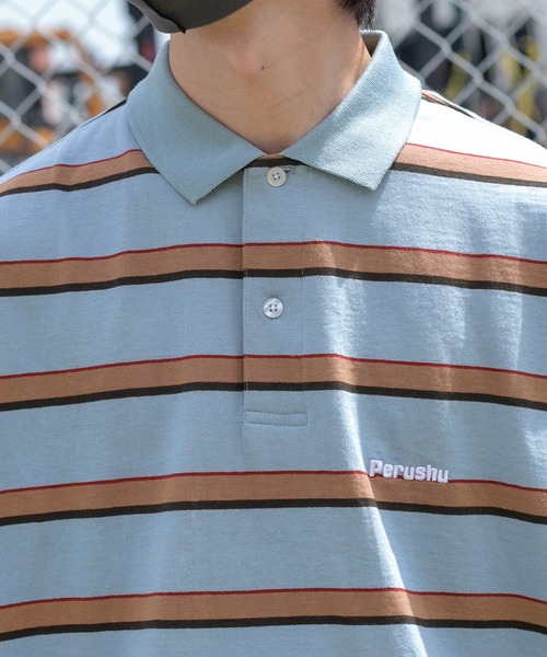 Perushu（ペルーシュ）の「レトロボーダーポロシャツ（ポロシャツ・メンズ・ライトブルー/オレンジ/ボルドー・MEDIUM/LARGE）」の13枚目の写真