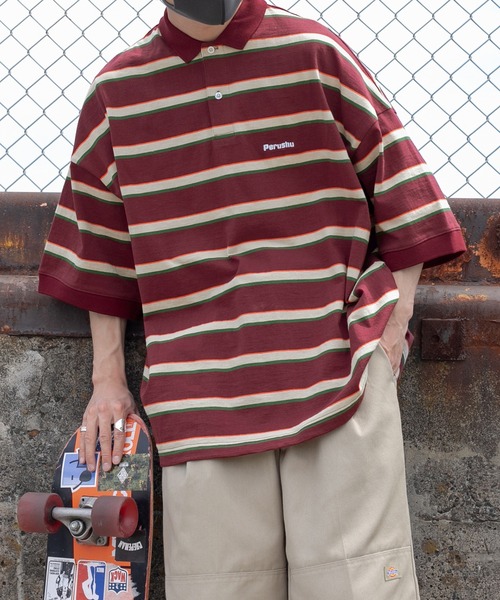 Perushu（ペルーシュ）の「レトロボーダーポロシャツ（ポロシャツ・メンズ・ライトブルー/オレンジ/ボルドー・MEDIUM/LARGE）」の20枚目の写真