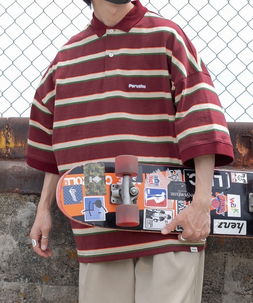 Perushu（ペルーシュ）の「レトロボーダーポロシャツ（ポロシャツ・メンズ・ライトブルー/オレンジ/ボルドー・MEDIUM/LARGE）」の21枚目の写真