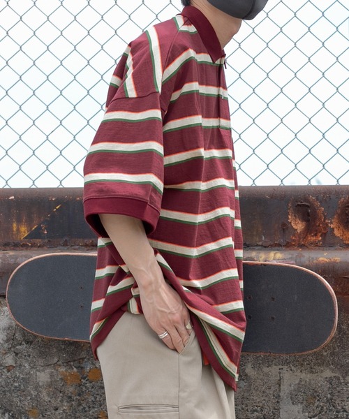 Perushu（ペルーシュ）の「レトロボーダーポロシャツ（ポロシャツ・メンズ・ライトブルー/オレンジ/ボルドー・MEDIUM/LARGE）」の22枚目の写真