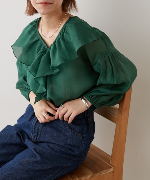 CIAOPANIC TYPY(チャオパニックティピー)の「【ZOZOTOWN限定】フリルシアーブラウス(シャツ/ブラウス・レディース・ブラック/ホワイト/グリーン/ピンク・ONE SIZE)」の8枚目の写真