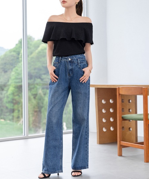 STARTEXCEEDEND レイヤード風 デニムパンツ ウォッシュド 個性的 セール】レディース レイヤード風マニッシュストレートデニム