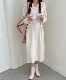 ポロ衿キーネックリブニットワンピース