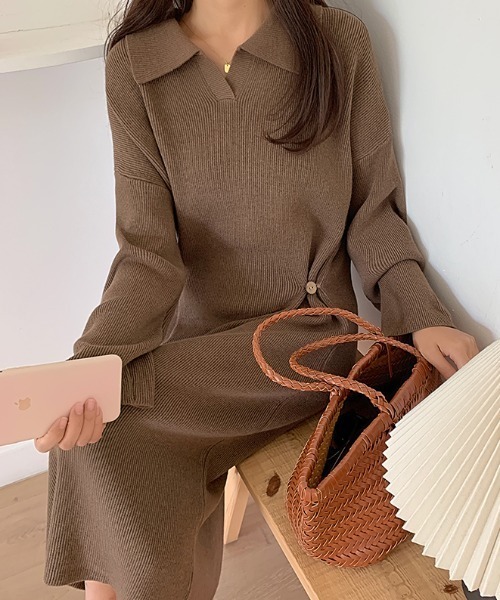 Diosfront（ディオスフロント）の「ポロ衿キーネックリブニットワンピース（ワンピース・レディース・ブラック/ベージュ/グリーン/モカ・FREE）」の9枚目の写真
