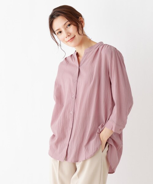 SHOO・LA・RUE（シューラルー）の「◆綿シフォン前開きバンドカラーシャツ（シャツ/ブラウス・レディース・ブラック/カーキ/ライトベージュ/ピンク系・02/03/04）」の4枚目の写真