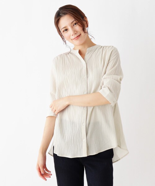 SHOO・LA・RUE（シューラルー）の「◆綿シフォン前開きバンドカラーシャツ（シャツ/ブラウス・レディース・ブラック/カーキ/ライトベージュ/ピンク系・02/03/04）」の2枚目の写真