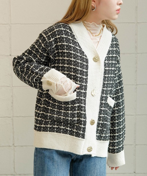 Bab（バブ）の「【WEB限定】ツイードニットカーディガン（カーディガン/ボレロ・レディース・ブラック/オフホワイト・M）」の5枚目の写真
