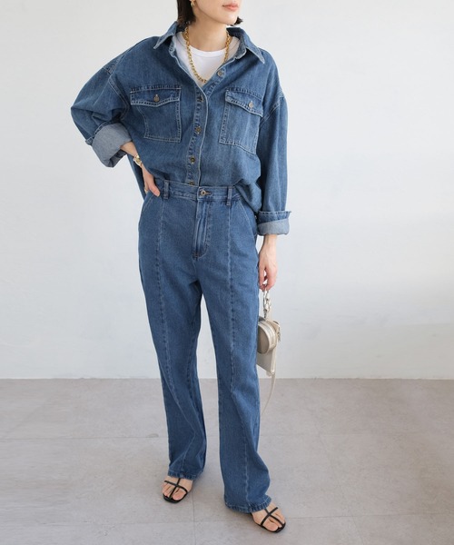 ANDJ(アンドジェイ)の「センター切替ラインハイウエストセミフレアデニムパンツ(デニムパンツ・レディース・オフホワイト/インディゴブルー・M/L)」の3枚目の写真