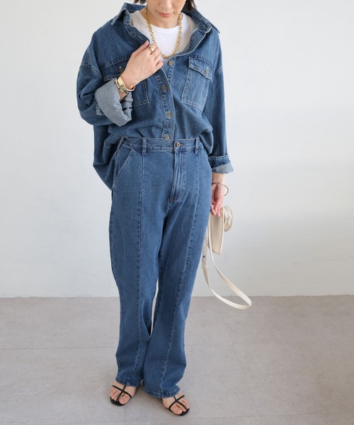 ANDJ(アンドジェイ)の「センター切替ラインハイウエストセミフレアデニムパンツ(デニムパンツ・レディース・オフホワイト/インディゴブルー・M/L)」の7枚目の写真