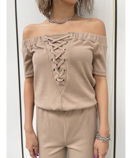 EGOIST（エゴイスト）の「オフショルリブオールインワン（つなぎ/オールインワン・レディース・ブラック/ベージュ・FREE）」の12枚目の写真