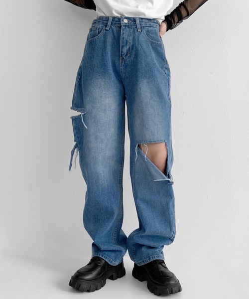 LVEU.（ラブユ.）の「Damage straight denims / ダメージストレートデニム（デニムパンツ・レディース・ブルー・FREE）」の14枚目の写真