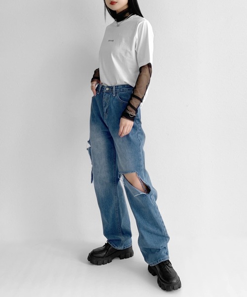 LVEU.（ラブユ.）の「Damage straight denims / ダメージストレートデニム（デニムパンツ・レディース・ブルー・FREE）」の5枚目の写真