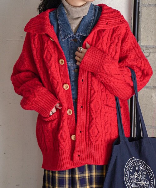 FREAK'S STORE(フリークスストア)の「フィッシャーマンハイネックニットカーディガン(カーディガン/ボレロ・レディース・グリーン/レッド/ネイビー/ブラウン/オフホワイト・フリ-)」の5枚目の写真