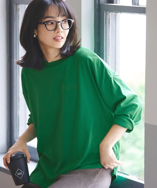 coca（coca）（コカ）の「ワンポイント刺繍ロングTシャツ（Tシャツ/カットソー・レディース・ネイビー/グリーン・M/L）」の2枚目の写真