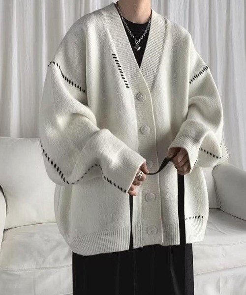 VIBGYOR(ヴィブジョー)の「【バーレスク】オーバーサイズステッチングカーディガン(BQ)(カーディガン/ボレロ・メンズ・ホワイト/ブラック・FREE)」の6枚目の写真