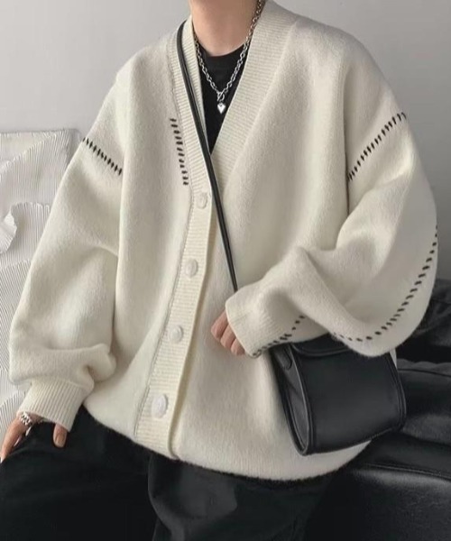 VIBGYOR(ヴィブジョー)の「【バーレスク】オーバーサイズステッチングカーディガン(BQ)(カーディガン/ボレロ・メンズ・ホワイト/ブラック・FREE)」の4枚目の写真