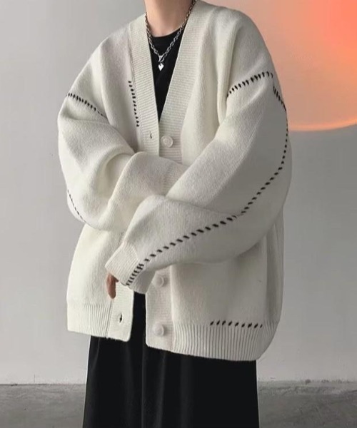 VIBGYOR(ヴィブジョー)の「【バーレスク】オーバーサイズステッチングカーディガン(BQ)(カーディガン/ボレロ・メンズ・ホワイト/ブラック・FREE)」の3枚目の写真